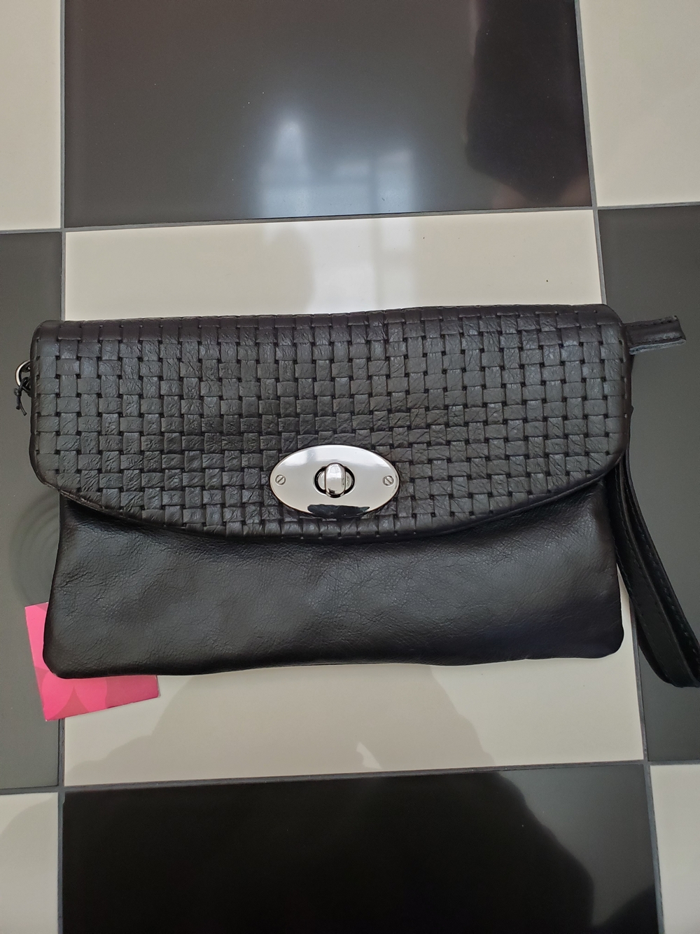 Pia Sassi black woven leather clutch bag NWT